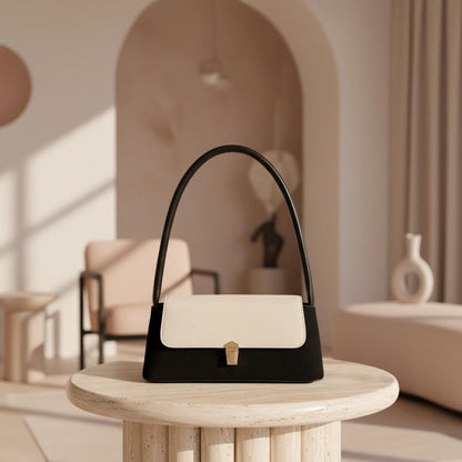Black Baguette Bag, Two Tone Shoulder Purse, Women's Flap Handbag, Minimalist Top Handle Bag, Black Cream Purse
