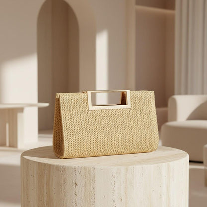 Woven Top Handle Bag, Natural Beige Handbag, Textured Purse, Gold Frame Handle