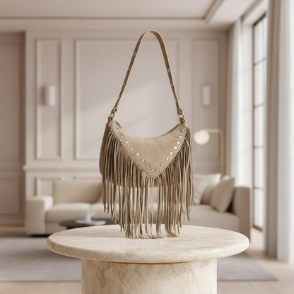 Taupe Fringe Shoulder Bag, Boho Purse, Western Fringe Bag, Studded Hobo Bag, Festival Handbag