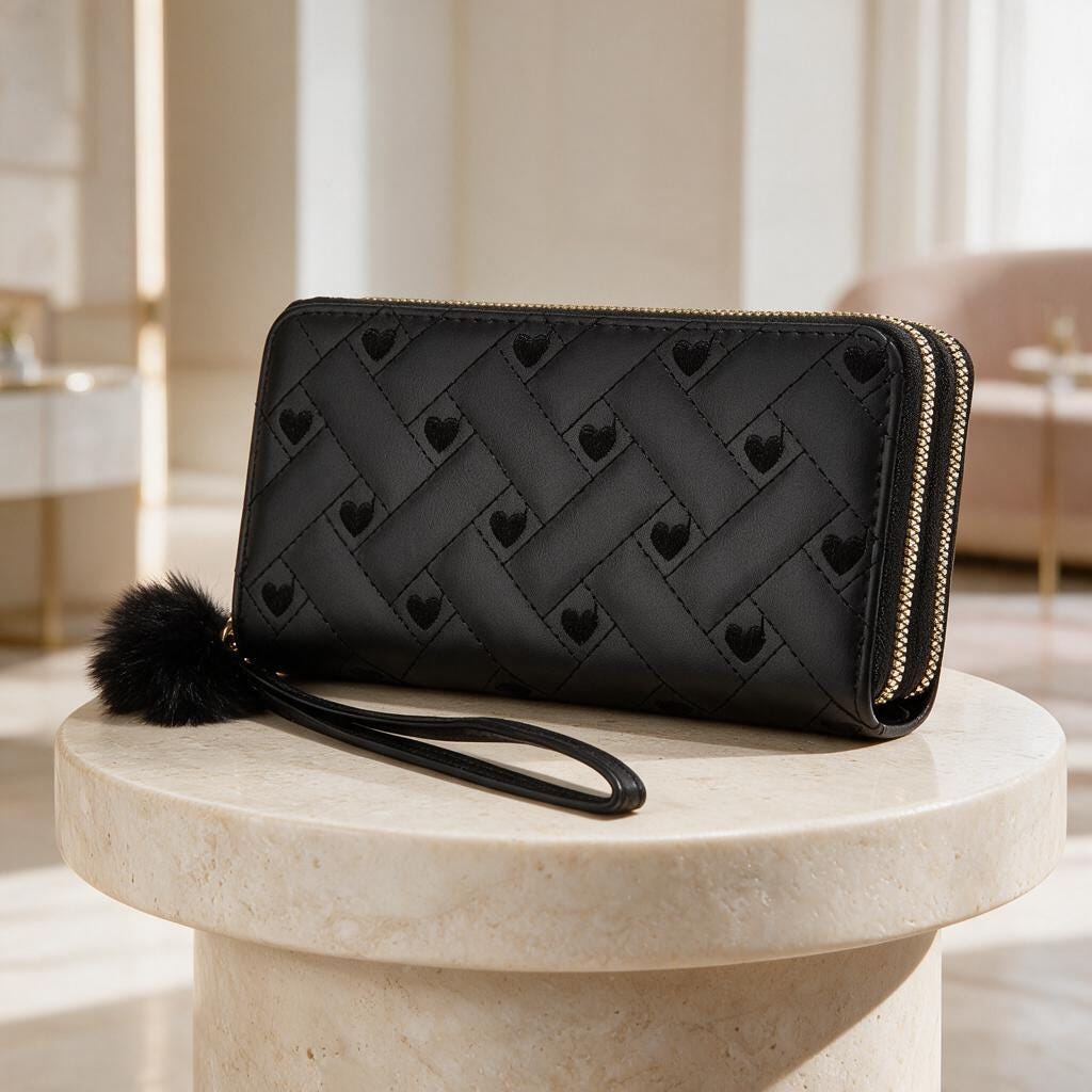 Black Heart Pattern Wristlet Wallet, Double Zip Quilted Purse for Women