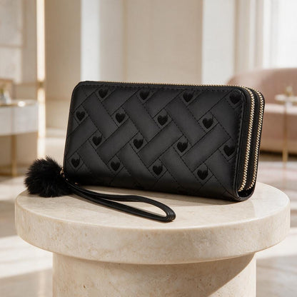 Black Heart Pattern Wristlet Wallet, Double Zip Quilted Purse for Women