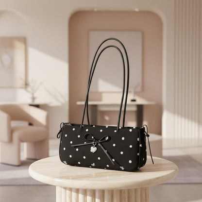 Black Polka Dot Shoulder Bag, Bow Detail Purse, Cute Heart Charm Handbag, Y2K Underarm Bag, White Dot Women's Bag