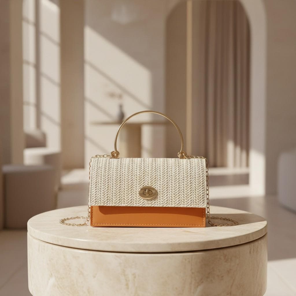 Cream Woven Shoulder Bag, Brown Colorblock Handbag, Textured Flap Purse, Chain Strap Bag, Elegant Top Handle Bag