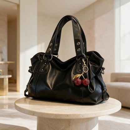 Black Hobo Shoulder Bag, Cherry Charm Purse, Slouchy Handbag, Large Everyday Bag