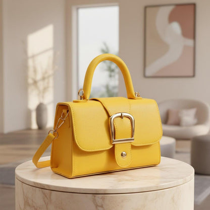 Yellow Handbag for Women, Structured Shoulder Bag, Top Handle Crossbody Purse, Buckle Detail Everyday Bag
