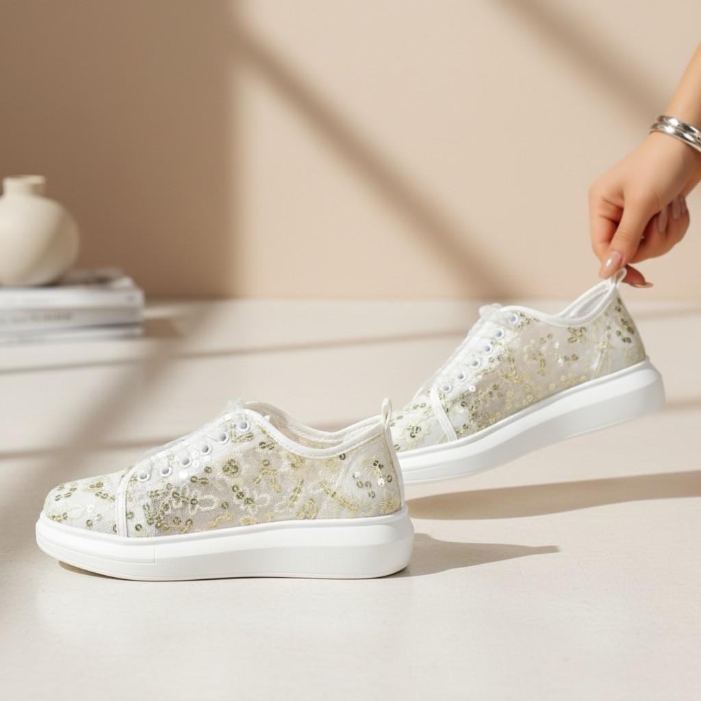Floral Bridal Sneakers, White Wedding Shoes for Bride, Sequin Lace Sneakers, Elegant Wedding Trainers, Comfortable Reception Shoes