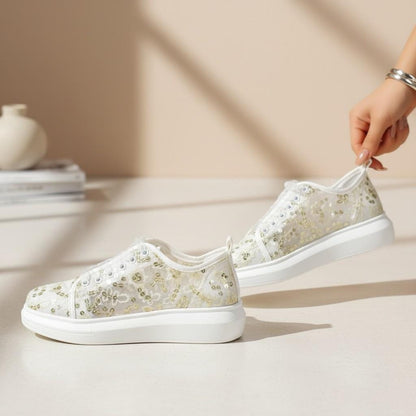 Floral Bridal Sneakers, White Wedding Shoes for Bride, Sequin Lace Sneakers, Elegant Wedding Trainers, Comfortable Reception Shoes