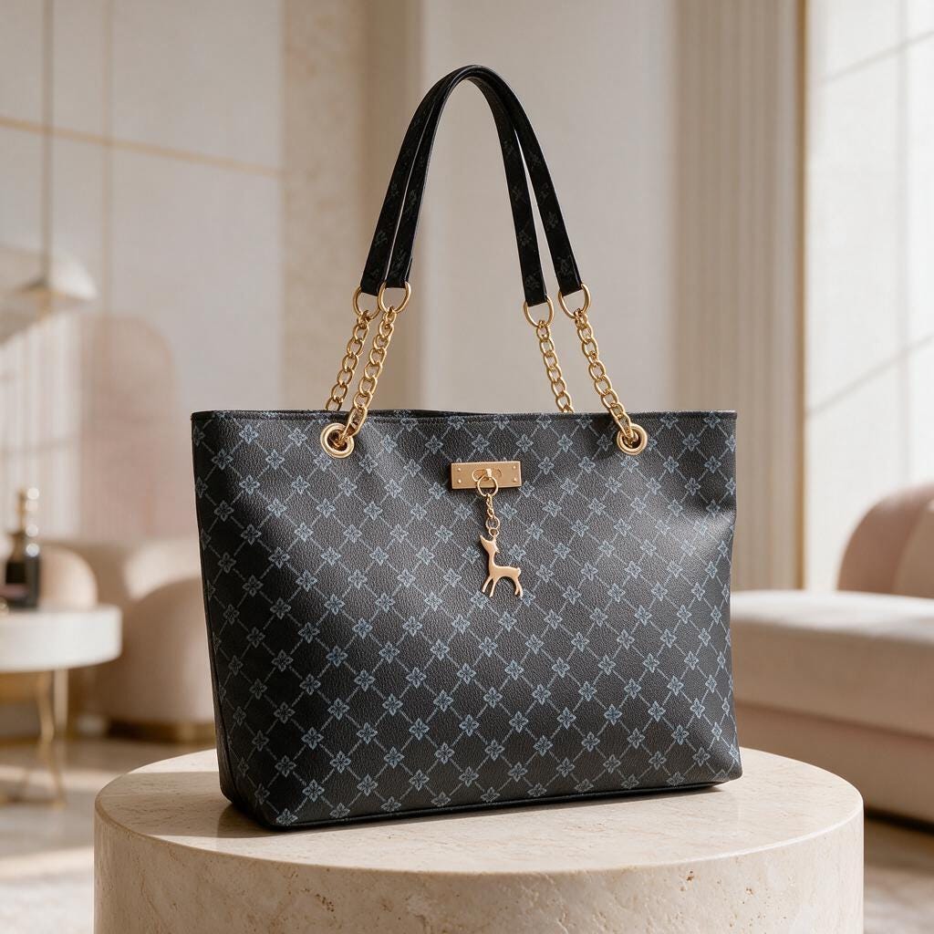 Black Geometric Tote Bag, Patterned Shoulder Purse, Gold Chain Handbag, Structured Work Tote, Large Women's Everyday Bag