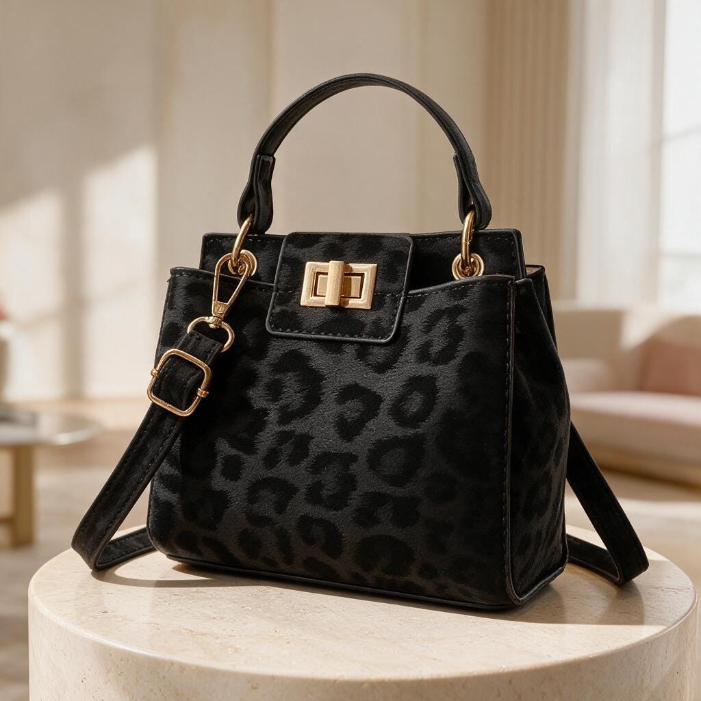 Black Leopard Handbag, Structured Top Handle Purse, Elegant Shoulder Bag, Animal Print Womens Handbag, Gold Buckle Purse